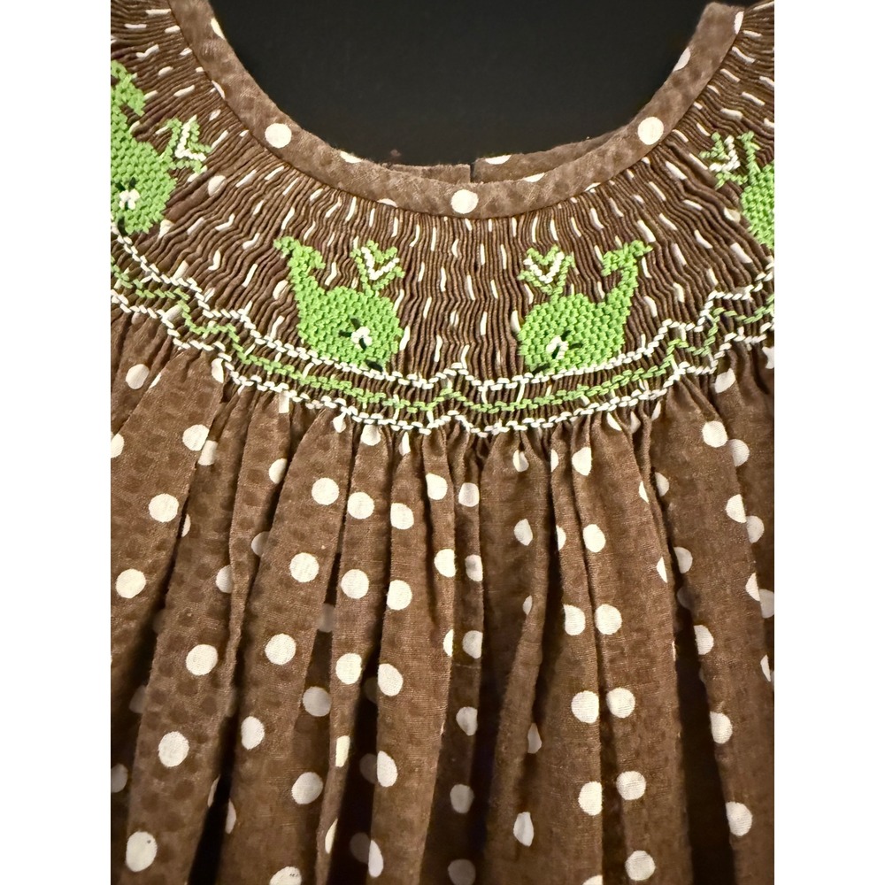 Amanda Remembered Whale Smocked Girls Dress Brown Polka-Dot Short Sleeve